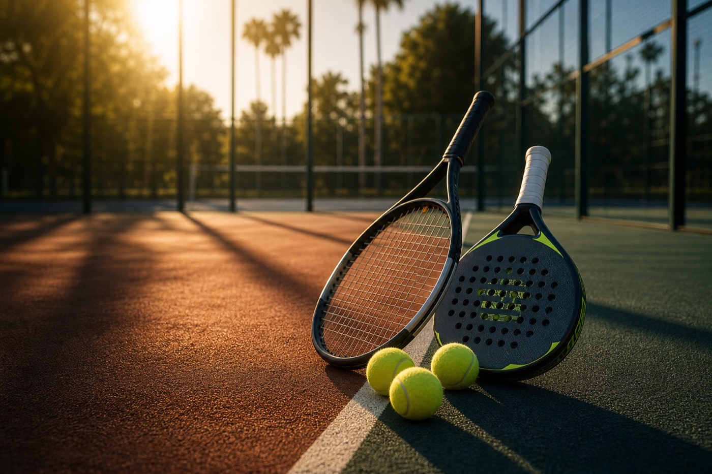 Raqueta de tenis, pala de padel y pelotas en pista al atardecer